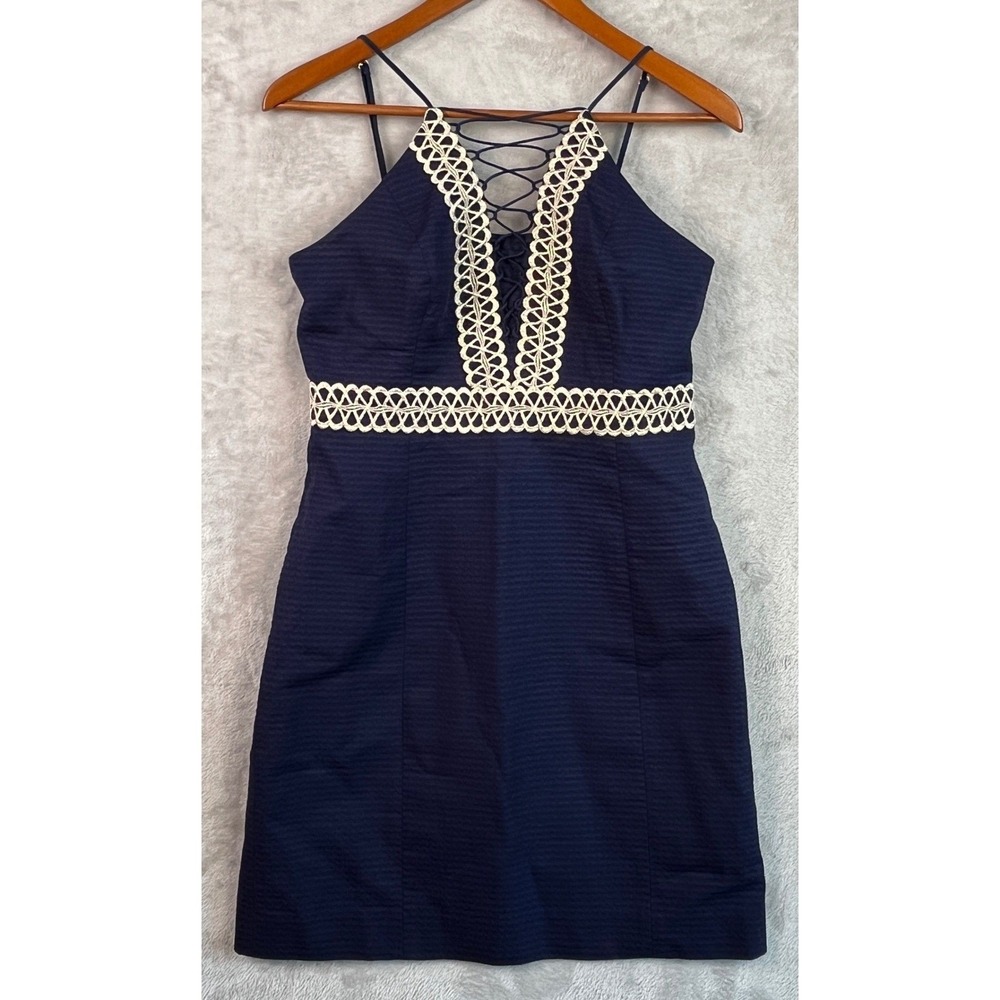 Lilly Pulitzer Trista Shift Dress 6 Navy Seersucker Gold Trim Lace Up Halter